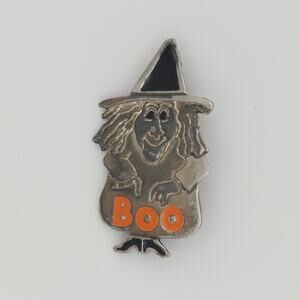 Vintage Newpro Witch Brooch Pin, Silver Black Hat Orange Boo